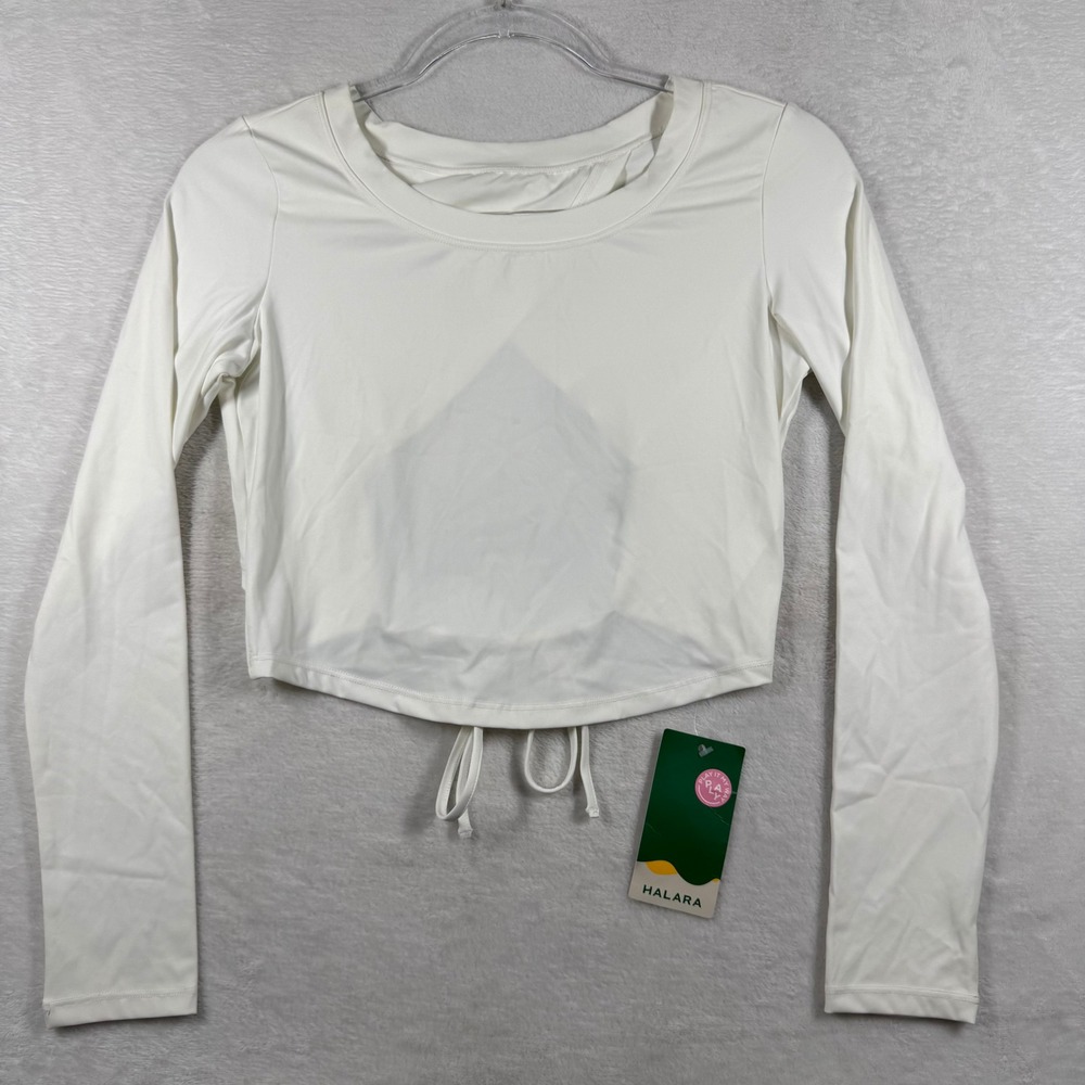 Halara Womens White Open Back Tie Hem Long‎ Sleeve Crop Top Activewear JV85K S